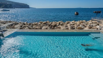 Piscine extérieure en saison, parasols, chaises longues