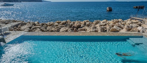 Seasonal outdoor pool, pool umbrellas, sun loungers