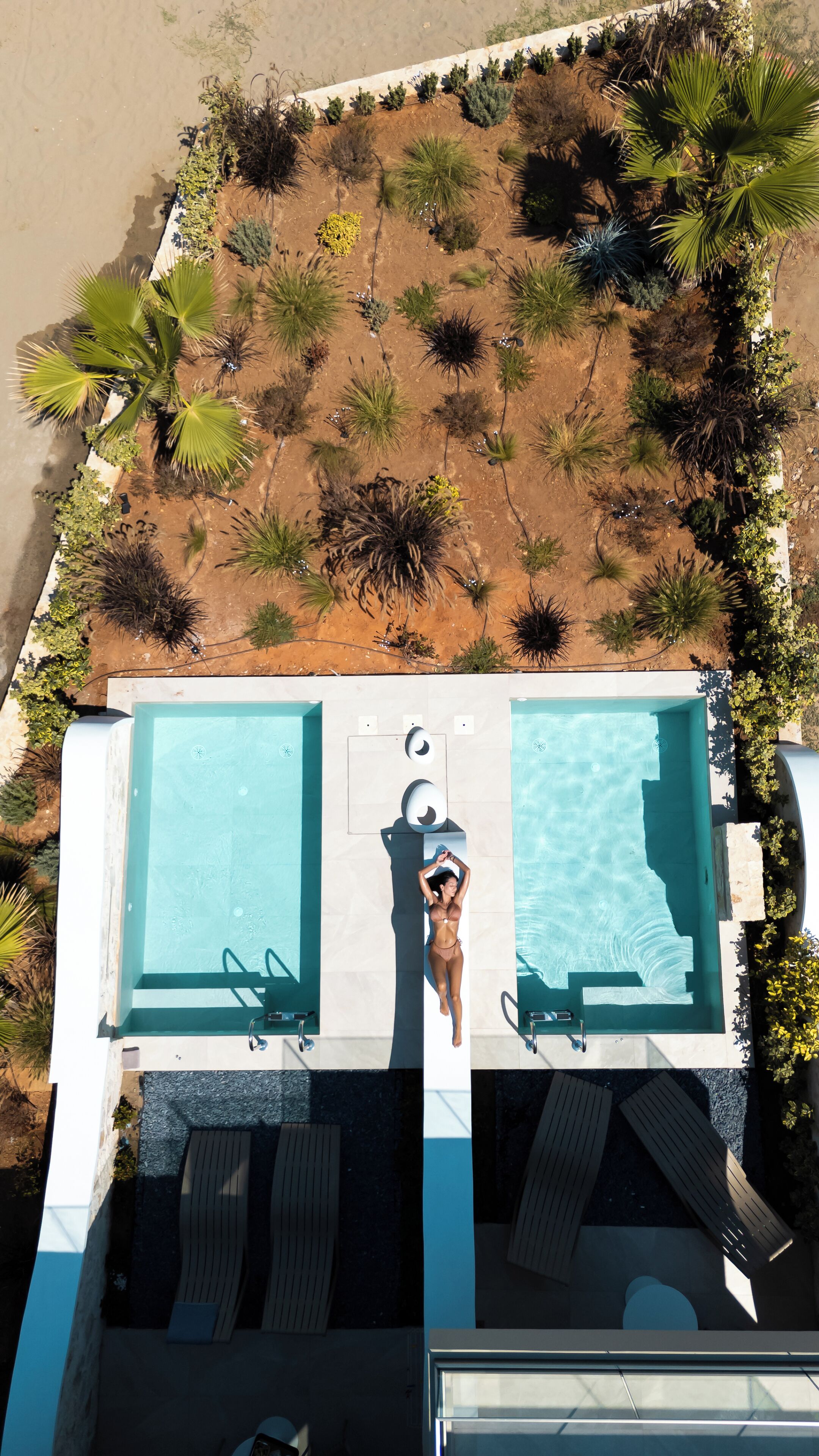 Vue aérienne d’une piscine divisée en deux zones distinctes, entourée de différentes plantes et bordée d’une terrasse avec des chaises longues.