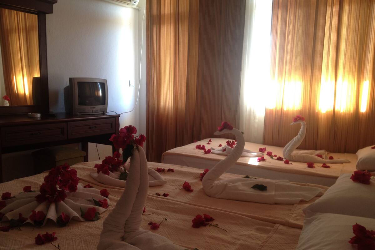 A hotel room with two beds, each adorned with swan-shaped pillows and red rose petals.