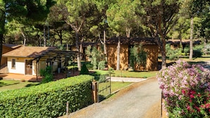 A rural property with a paved driveway, a small building with a tiled roof, and a well-maintained garden with various plants and flowers. - Residence Il Paradiso (Guardistallo)