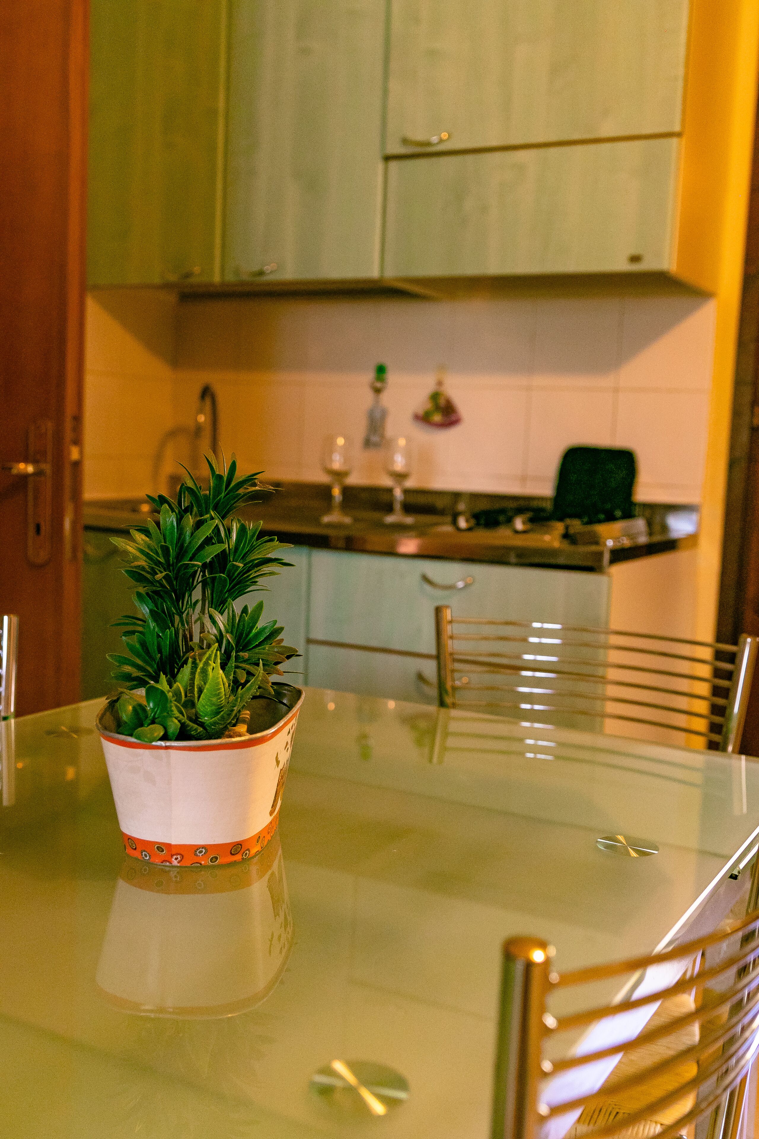 A kitchen with a dining table, chairs, a potted plant, and cabinets.
