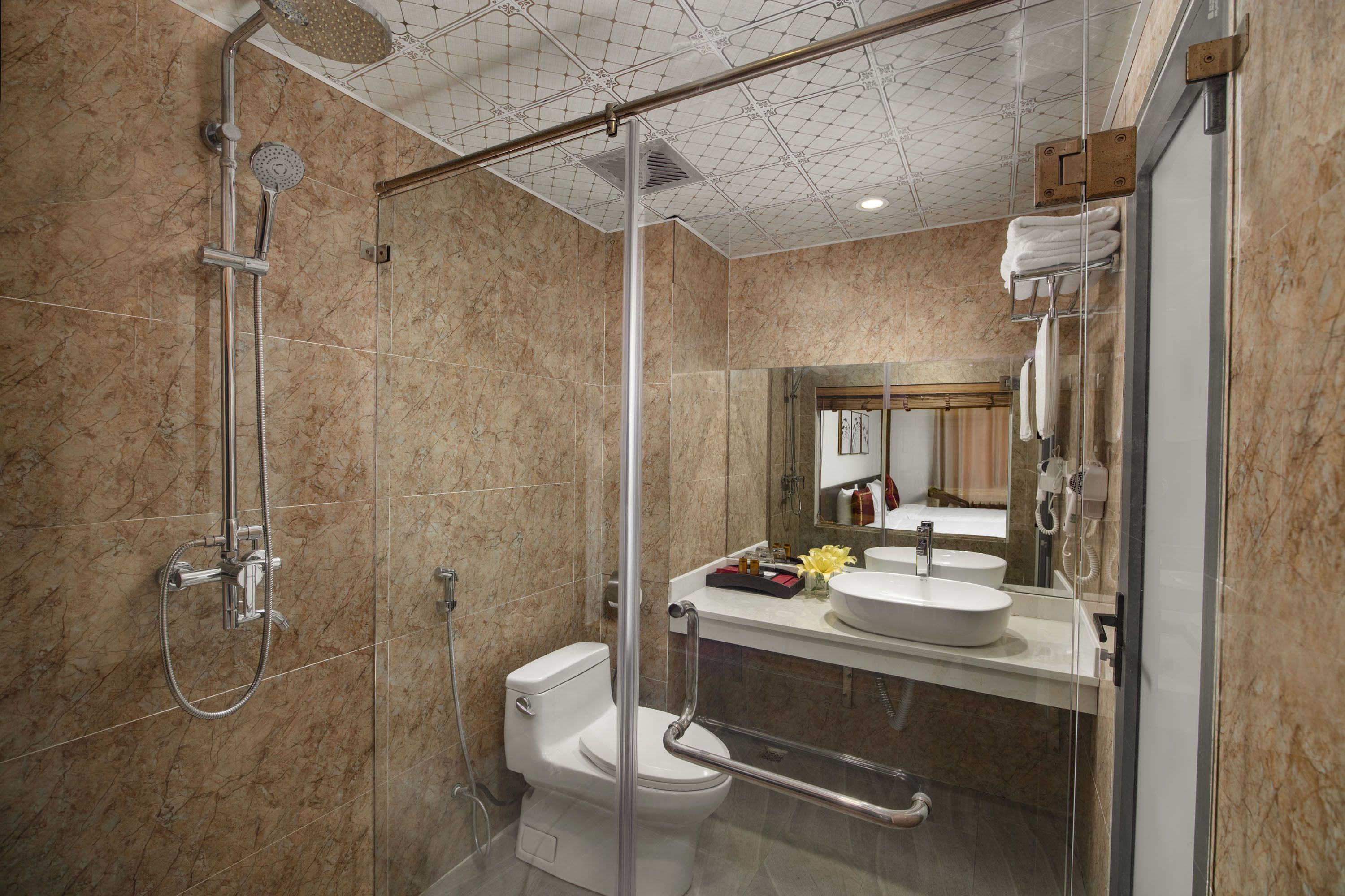 shower, free toiletries, hair dryer, bathrobes