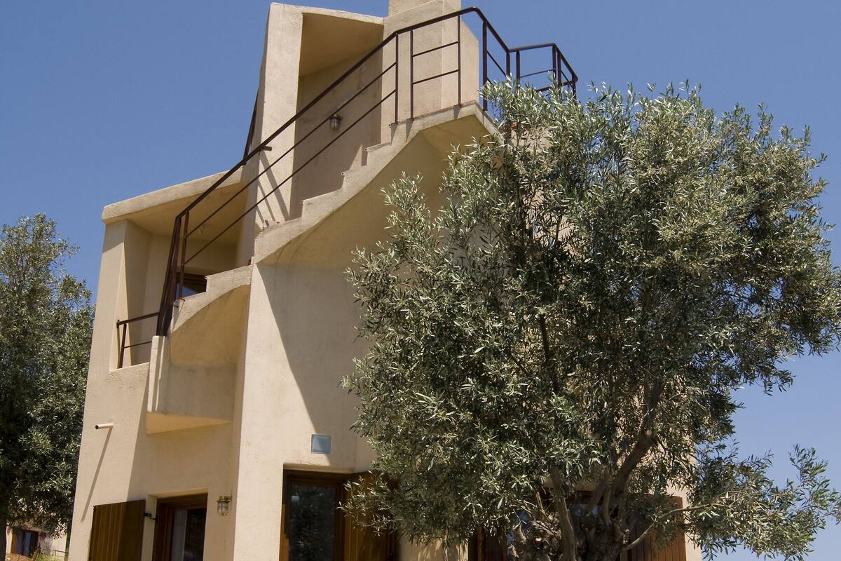 Un edificio de dos pisos con piscina, sillas de madera y un gran árbol en la entrada.