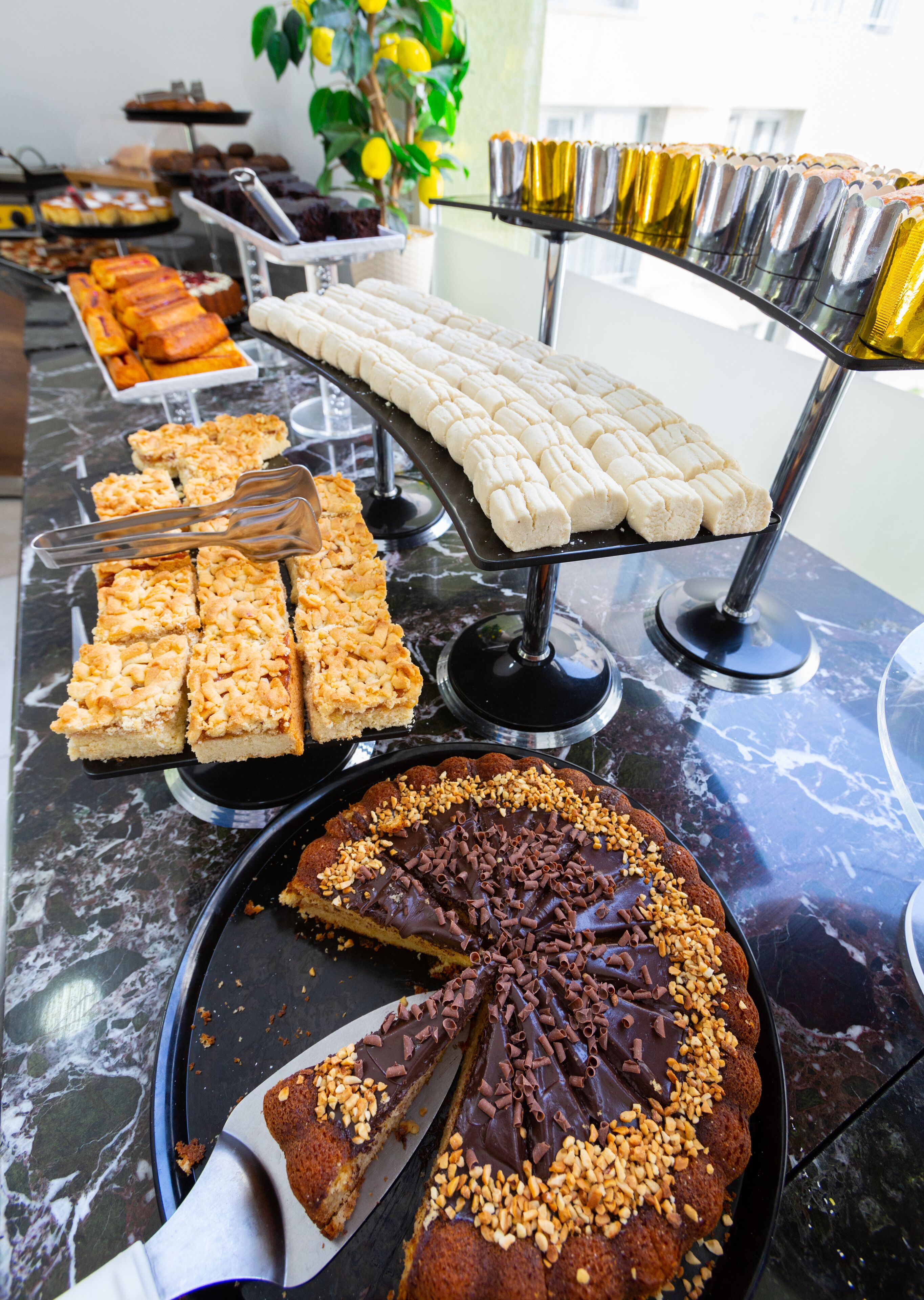 A buffet table with various desserts, including a chocolate cake with nuts and a white dessert with a crisscross pattern.