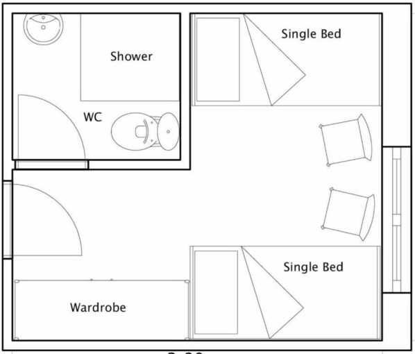 A floor plan with a shower, WC, single bed, and wardrobe. - The Lodge at Harvey's Point (Donegal)