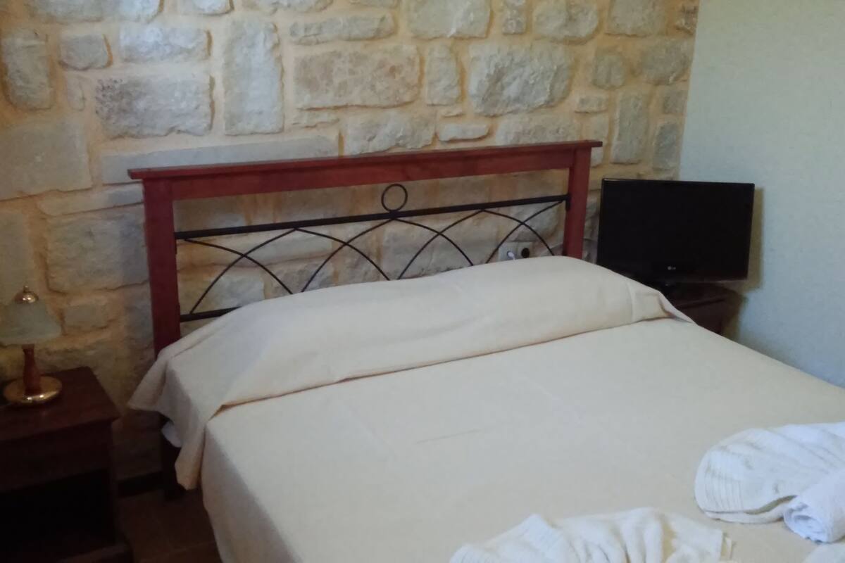 Un dormitorio con pared de piedra, cabecero de madera, cama con ropa blanca, mesita de noche con lámpara y televisor sobre un mueble.