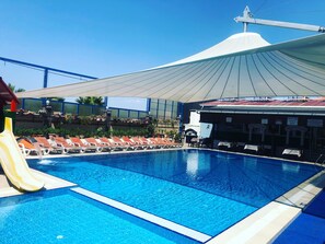 Alberca al aire libre, sombrillas en la alberca y camastros