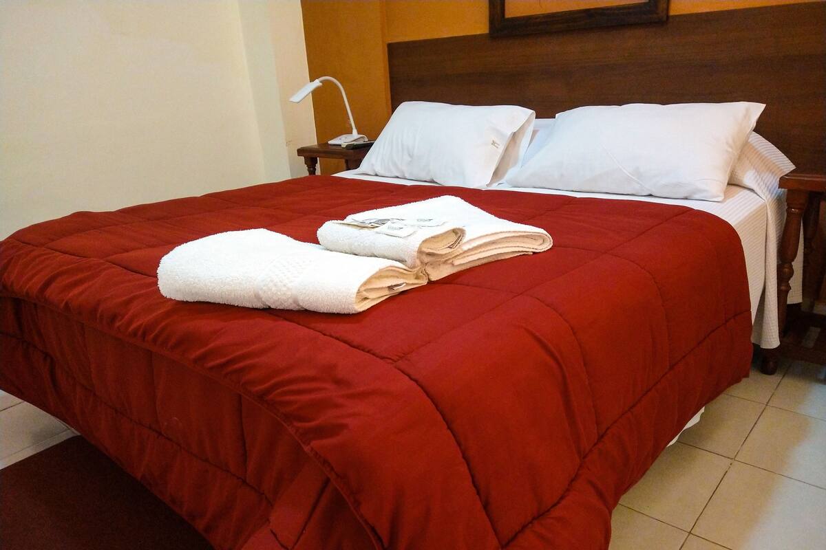 A neatly made bed with a red bedspread and two white pillows, a white lamp on a bedside table, and a wooden headboard.