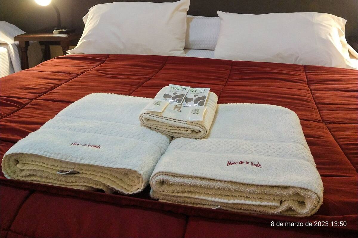 A hotel room with a neatly made bed, white pillows, and a framed artwork above the bed.