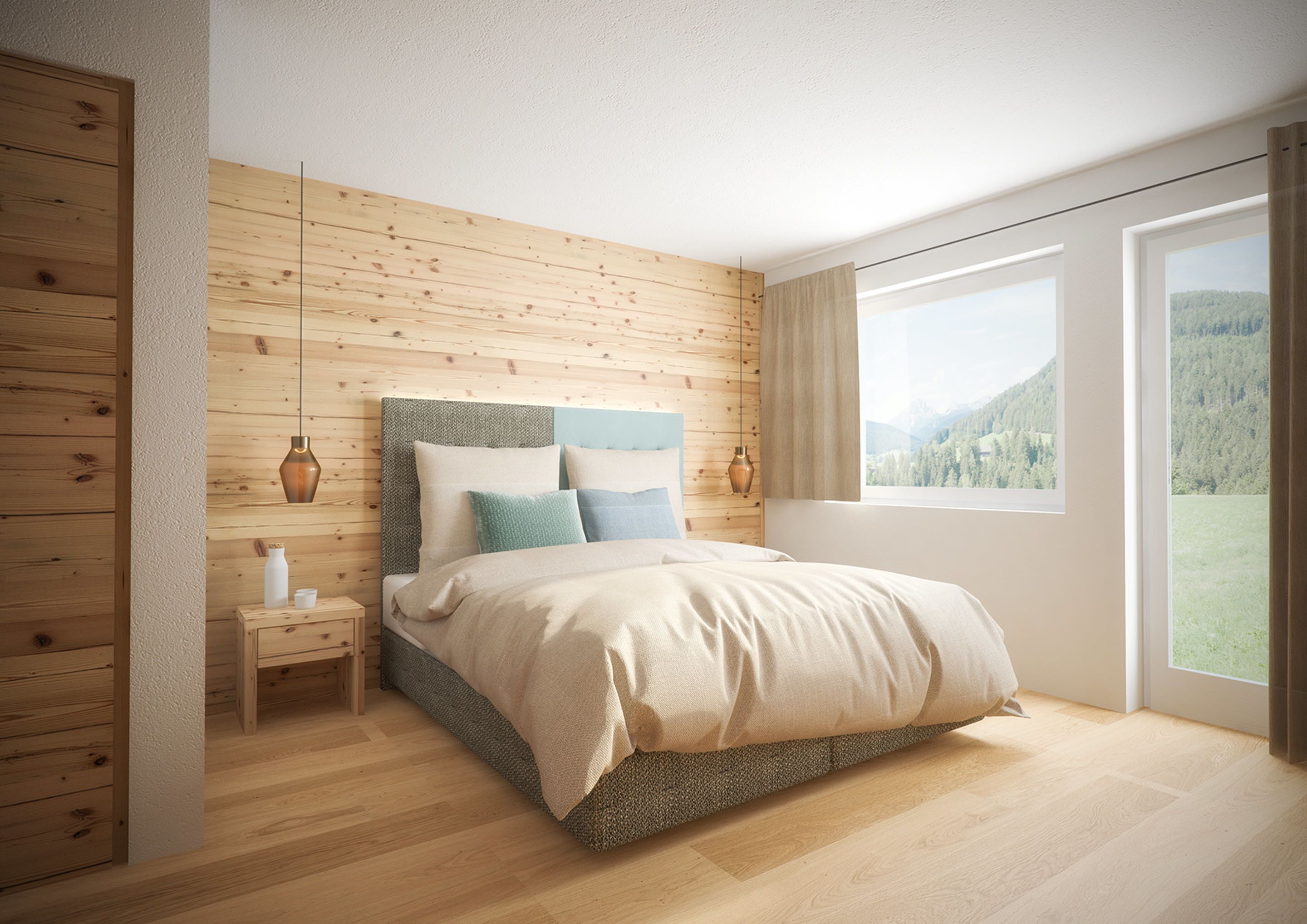 Une chambre à coucher avec une tête de lit en bois, un lit recouvert d’une couverture beige, une table de chevet avec une lampe et une fenêtre donnant sur les montagnes.