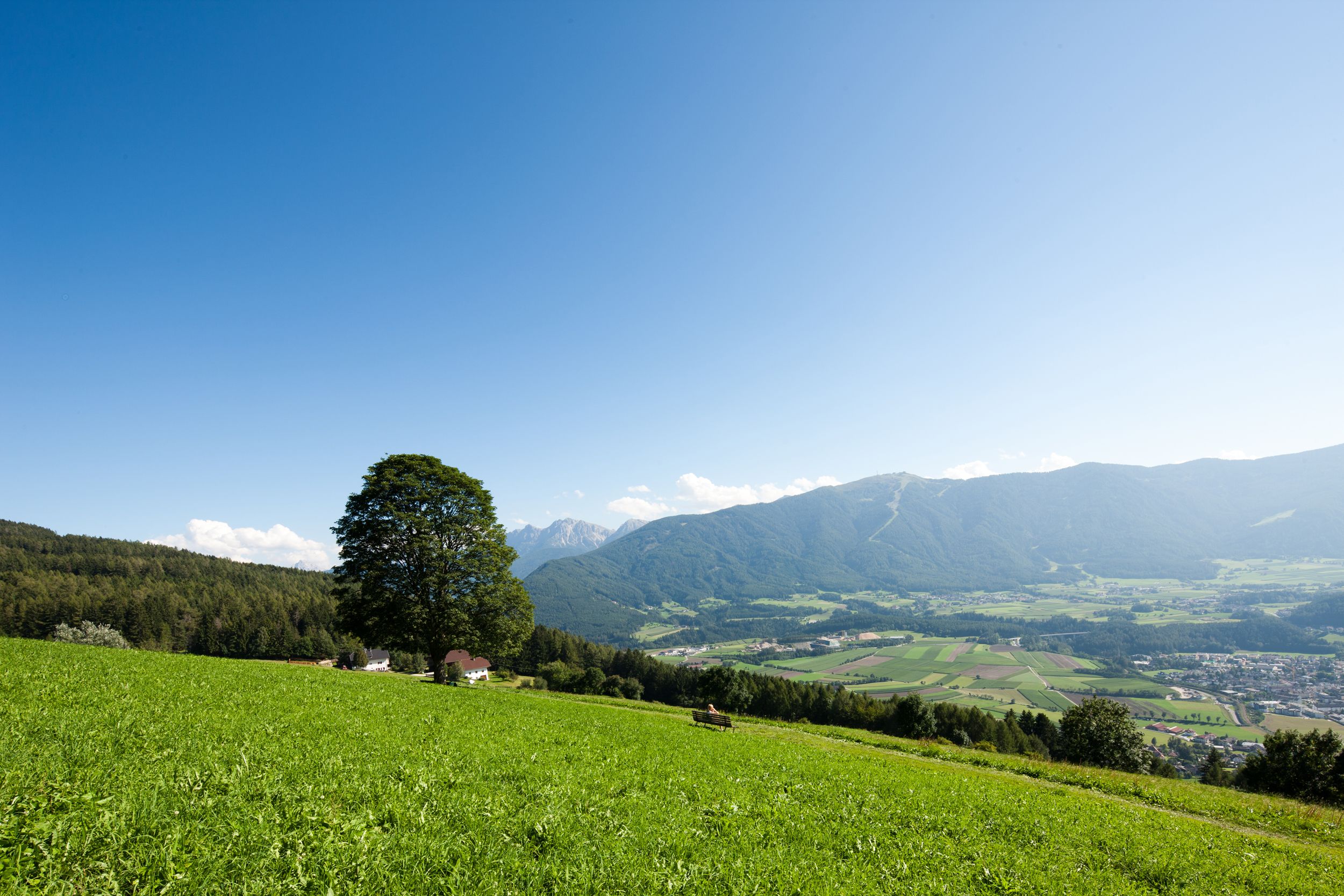 Un champ verdoyant avec un banc et une maison au loin, surplombant une vallée et des montagnes.