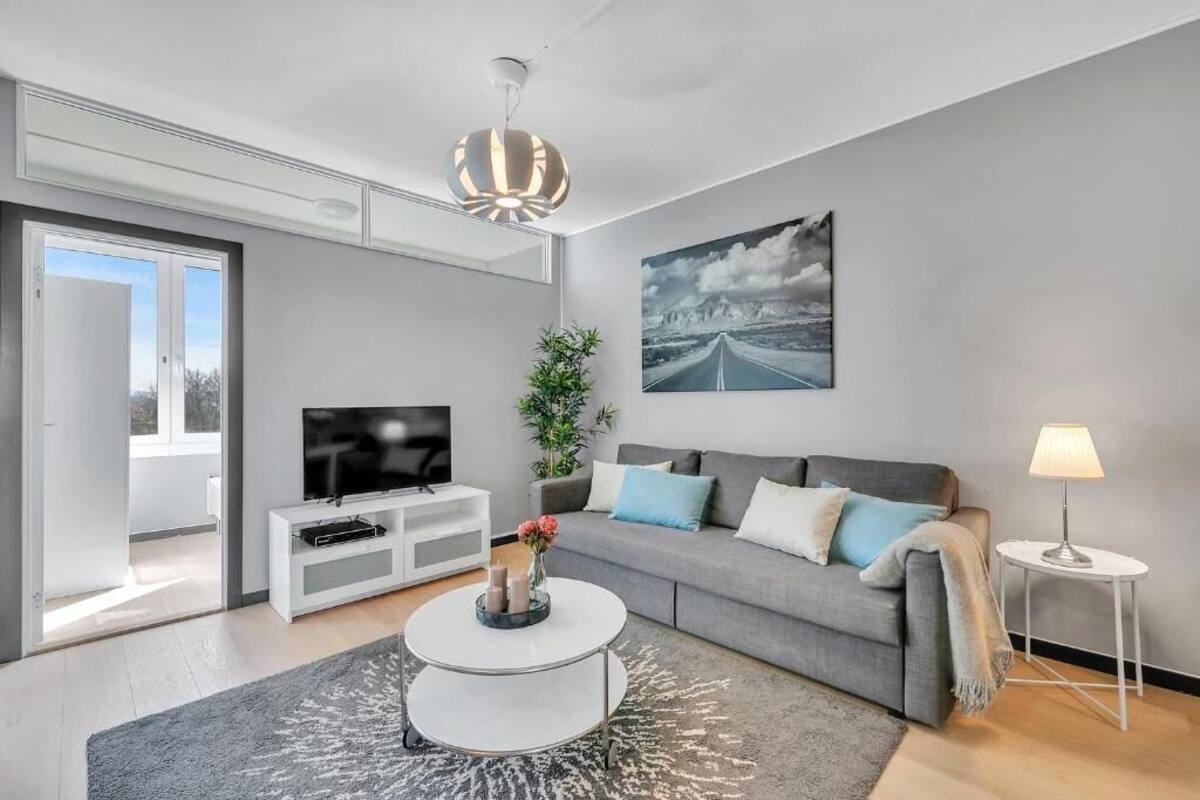 A modern living room with a grey sofa, a flat-screen TV, a coffee table, and a painting on the wall.