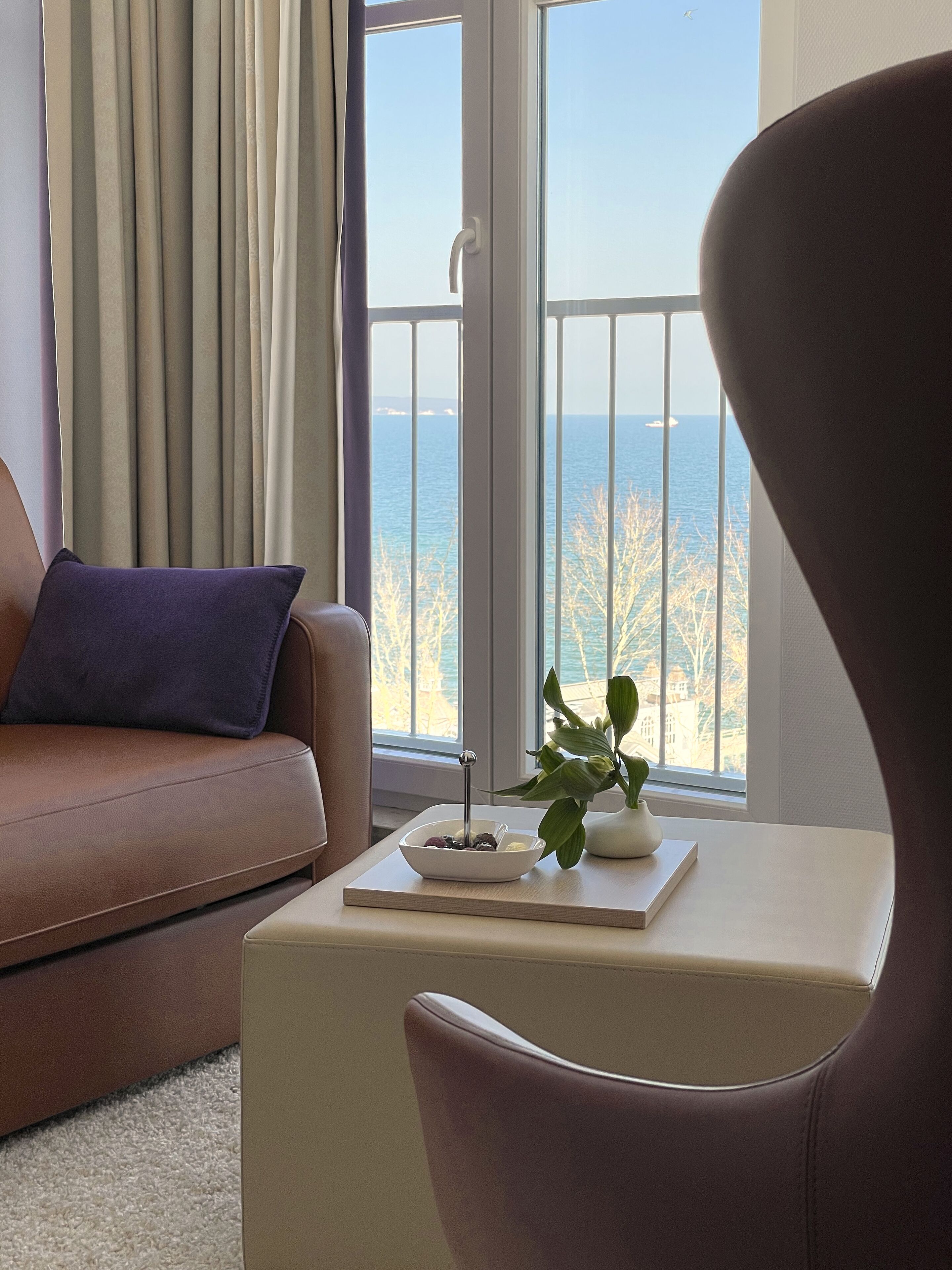A living room with a view of the sea, a brown sofa, a white side table with a plant, and a window with curtains.