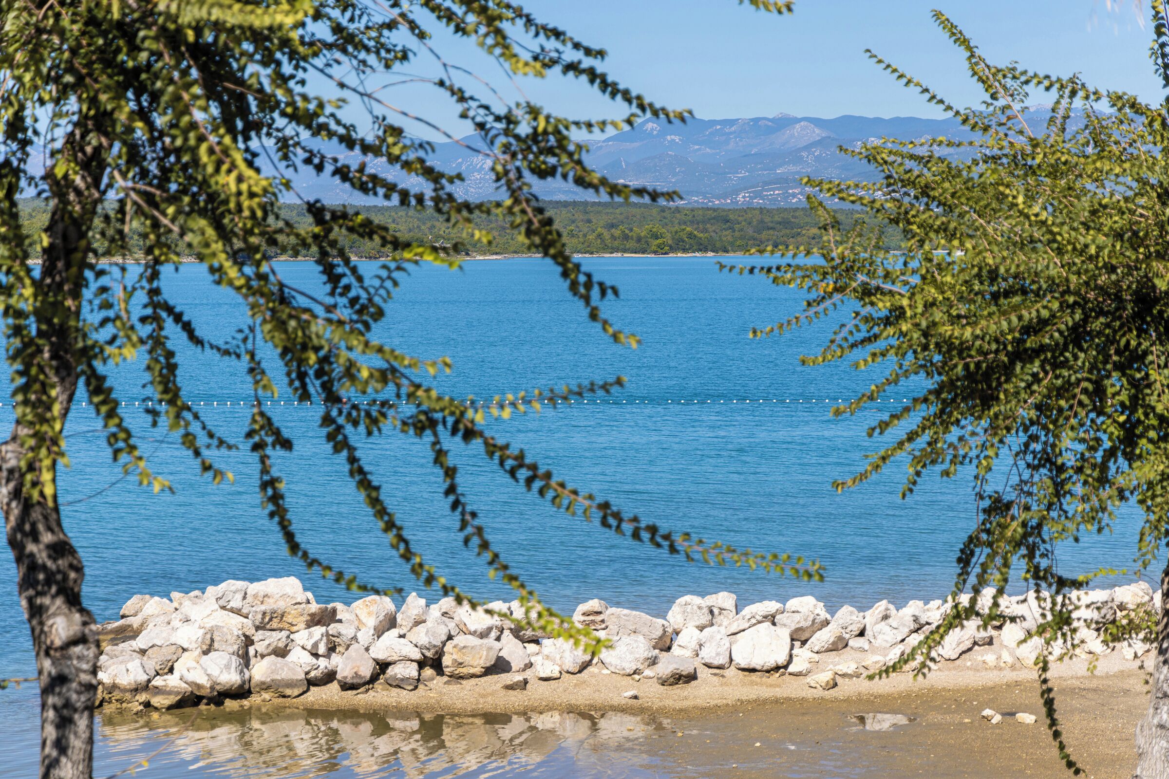 Un lac aux rives rocheuses, avec des arbres au premier plan.