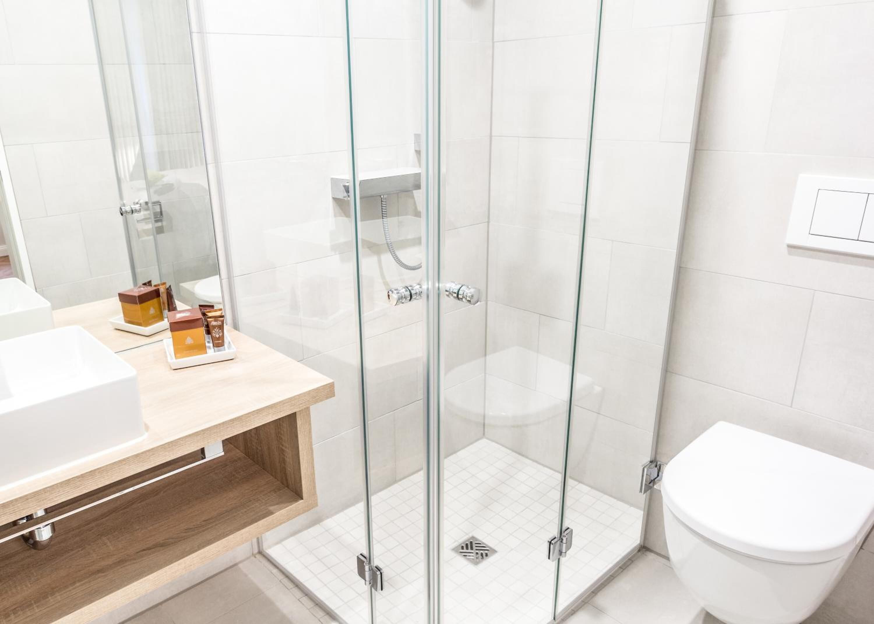 shower, free toiletries, hair dryer, towels