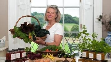 Una cocina con un ventanal grande, diversos vegetales y frascos de conservas.