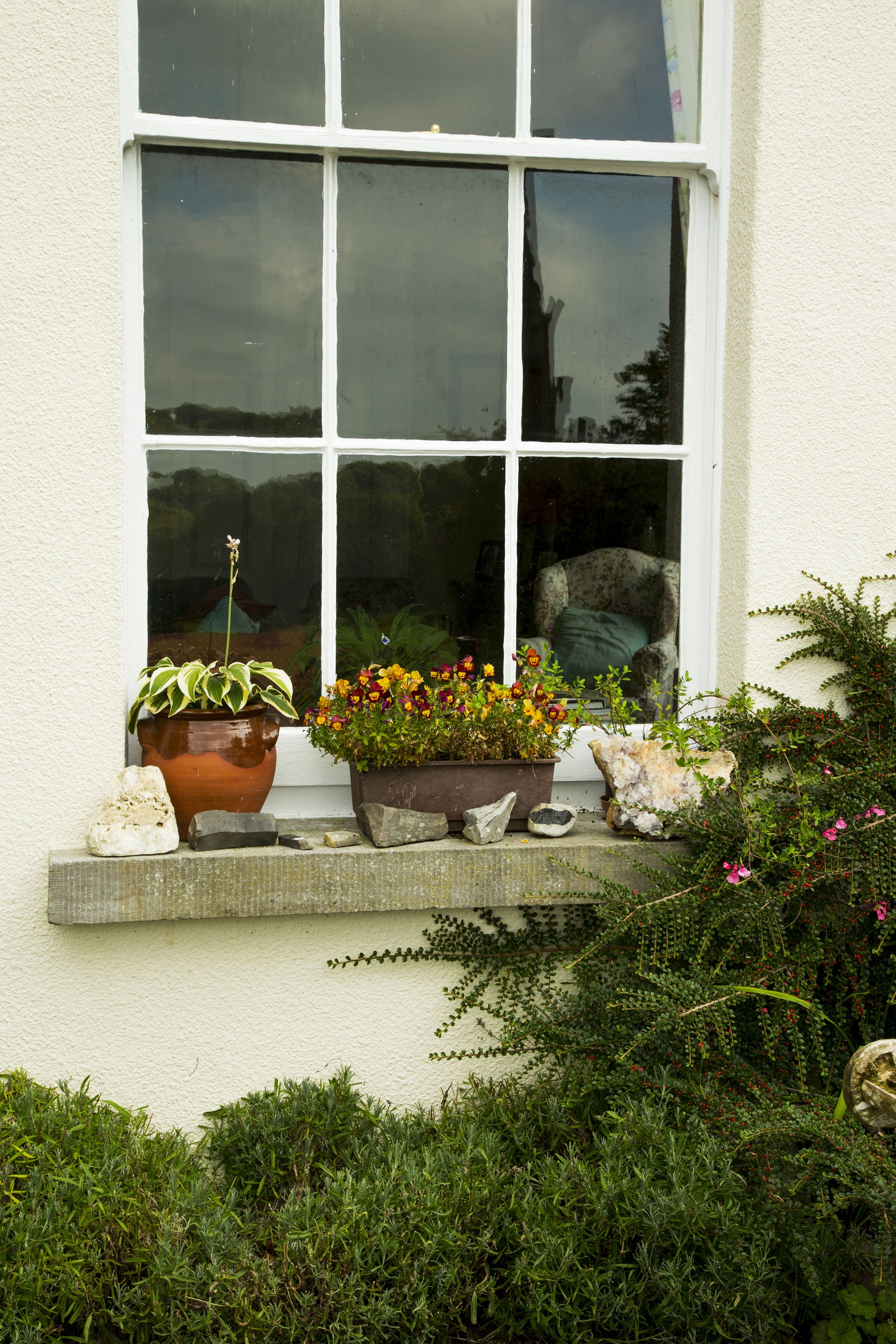A window with two potted plants and a chair inside.