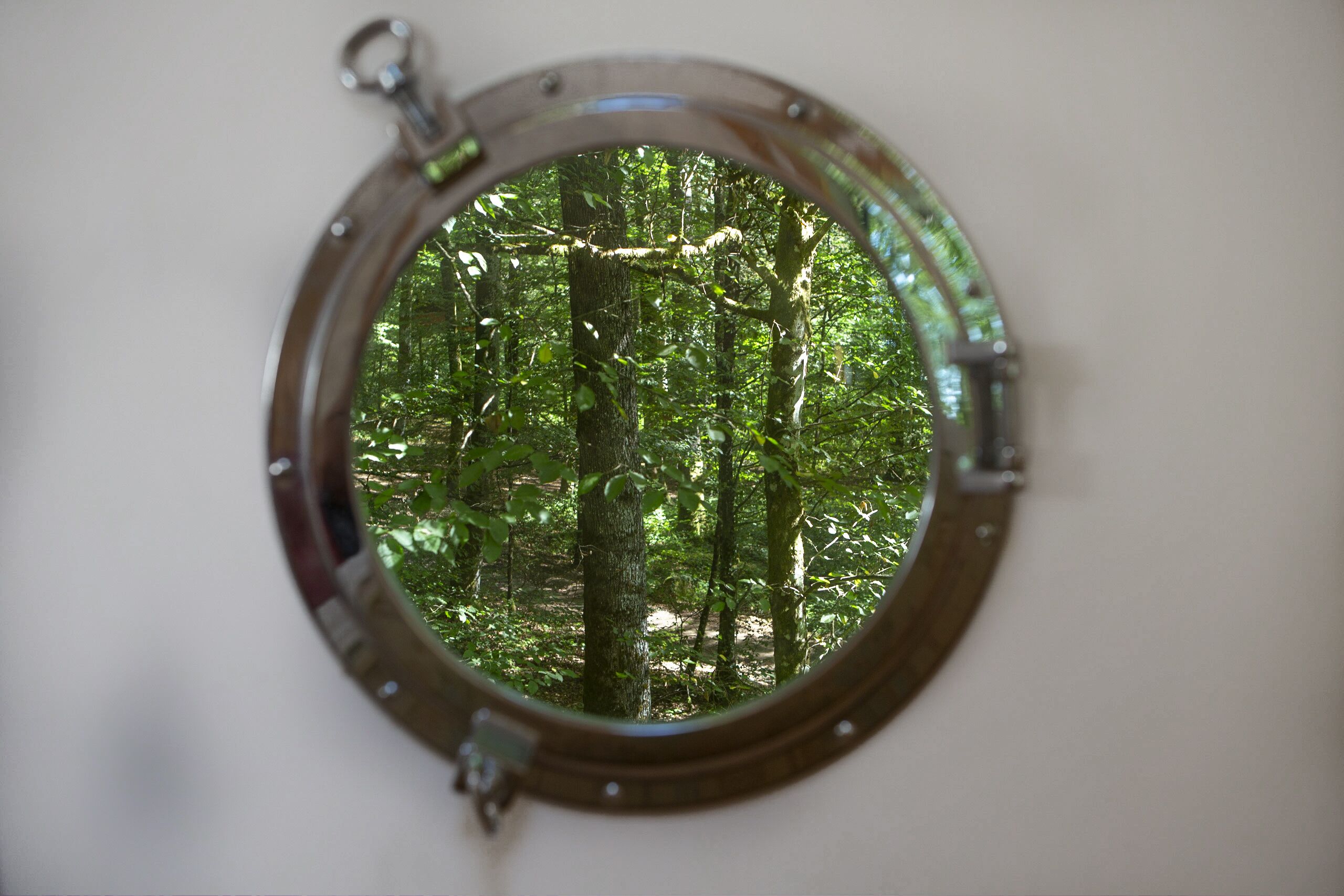 Ein rundes Fenster mit Blick auf einen Wald.
