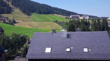 Un edificio con varias ventanas y techo inclinado, rodeado de vegetación y un paisaje montañoso.