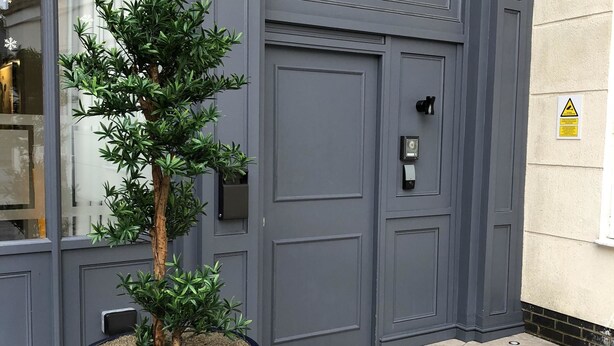 Un árbol en maceta frente a una puerta doble gris, con una cámara de seguridad y un letrero de advertencia en la pared.