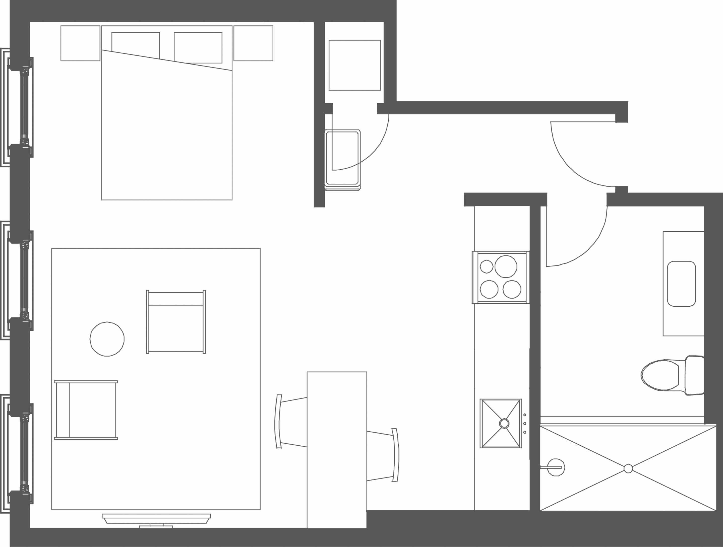 A floor plan of a hotel room with a bed, a desk, a chair, a small table, a sofa, a TV, a kitchen area with a stove and sink, and a bathroom with a toilet and shower.
