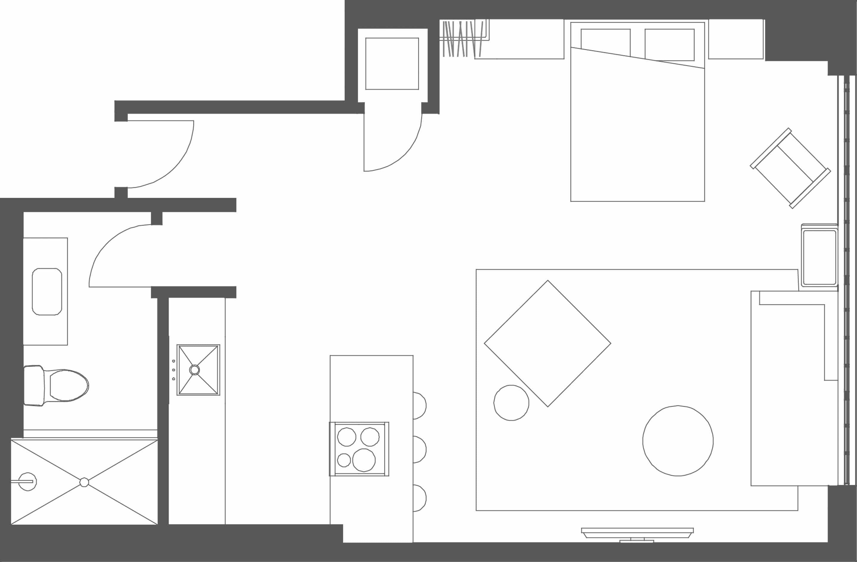 A floor plan of a hotel room with a kitchenette, a bathroom, and a seating area.