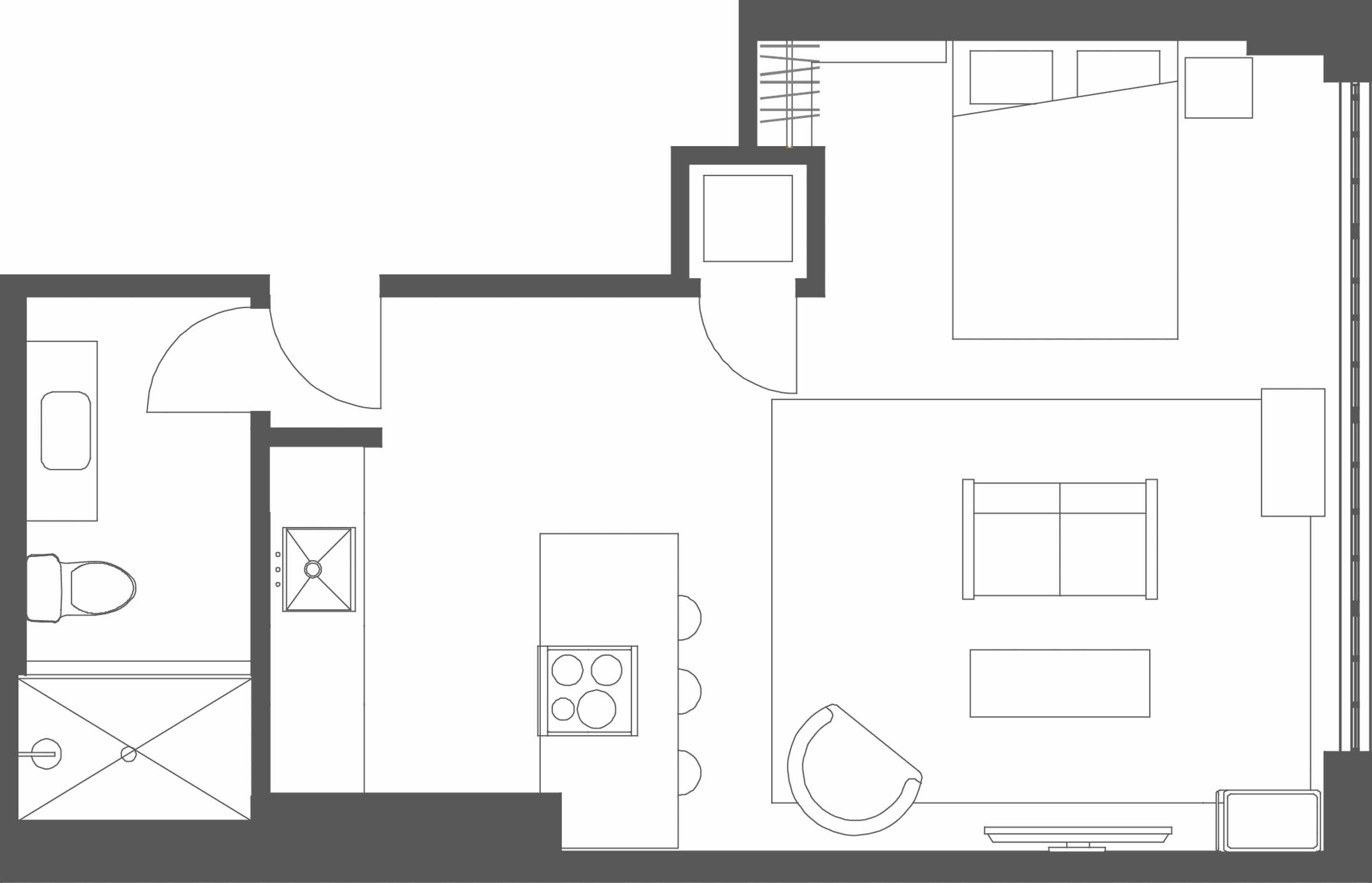 Ein Grundriss eines Hotelzimmers mit einer Küchenzeile, einem Badezimmer und einem Wohnbereich.