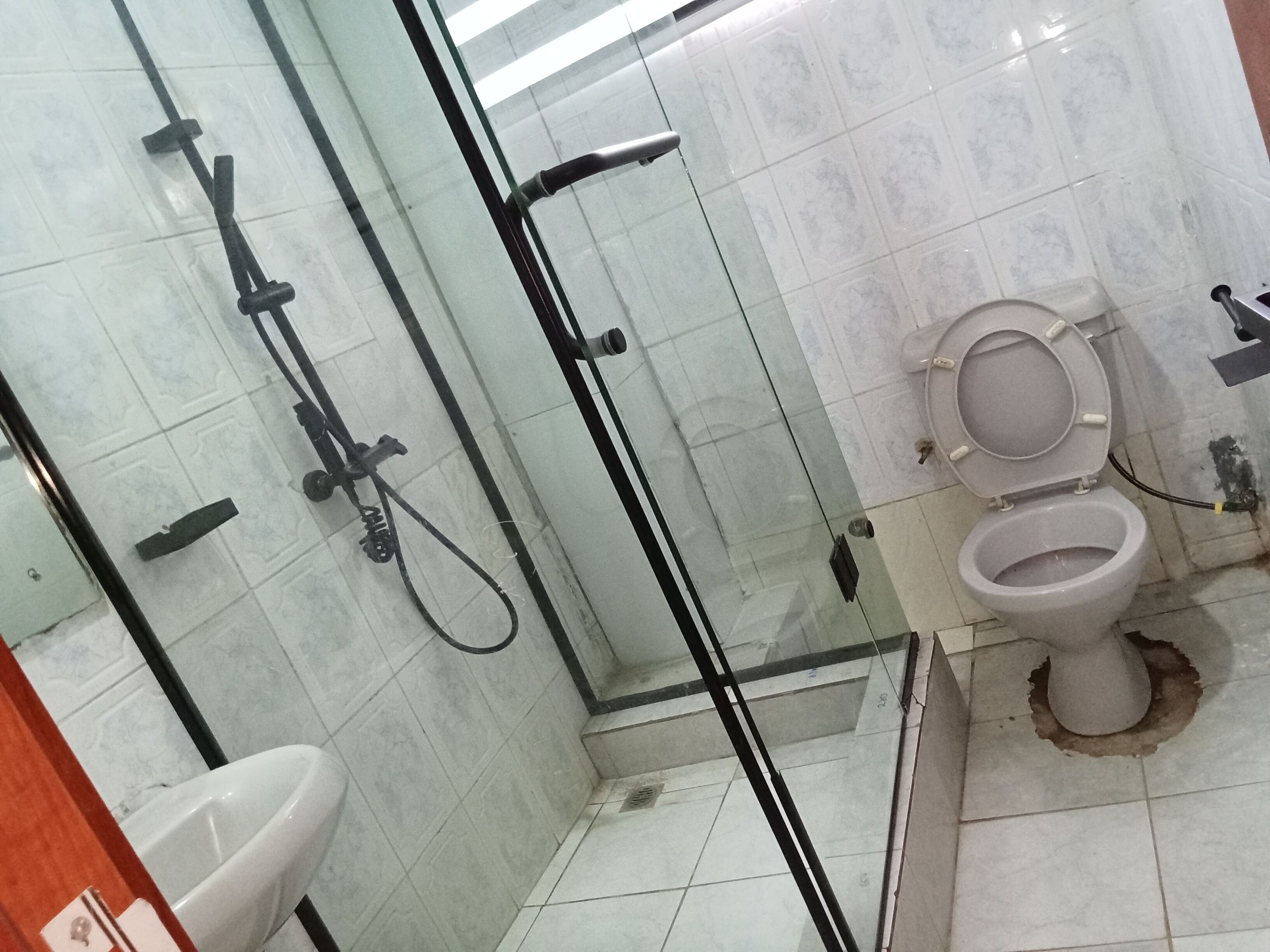 Ein Badezimmer mit Toilette, Bidet und Duschbereich.