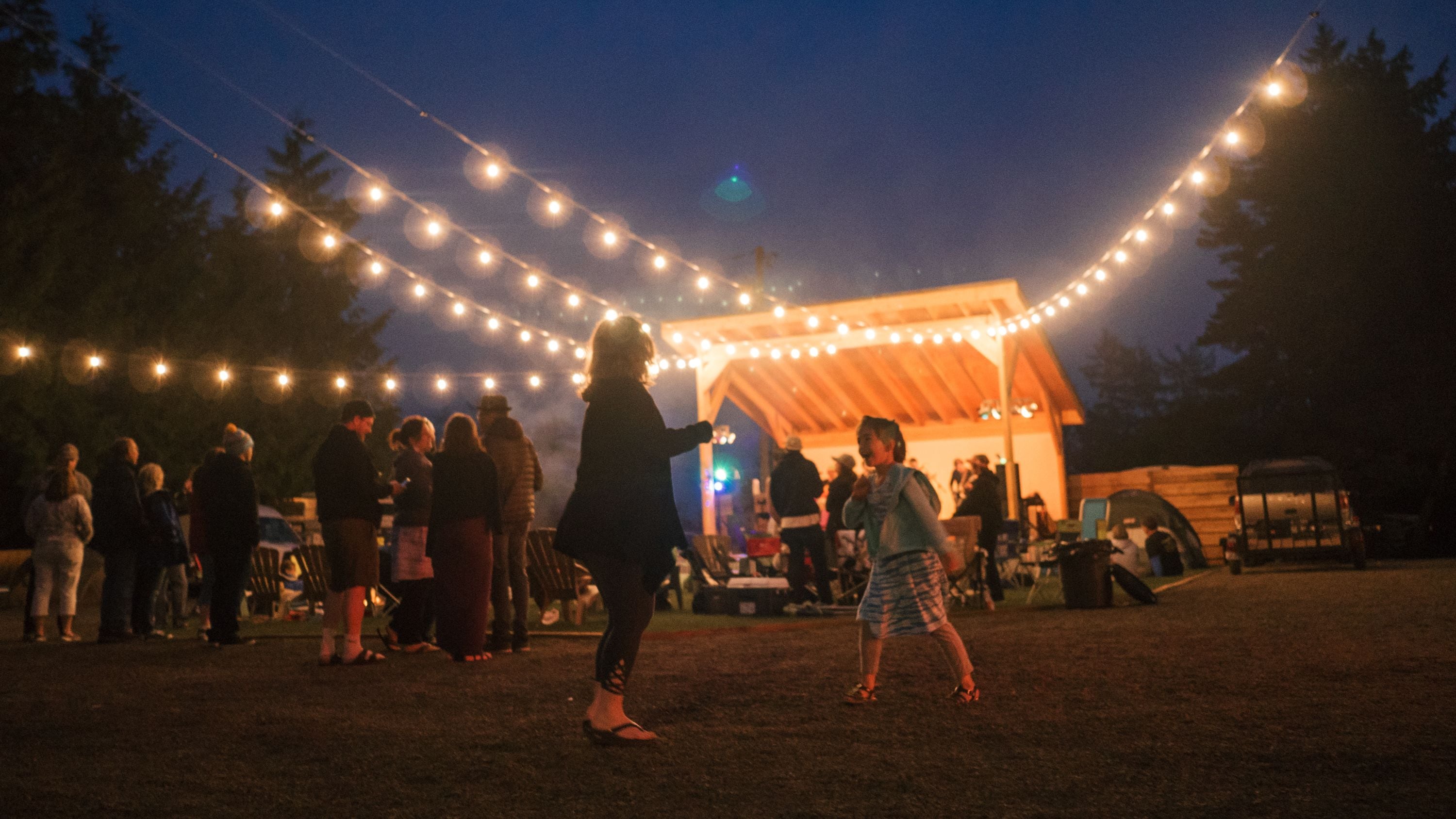 An outdoor gathering with string lights, a covered structure, and people.