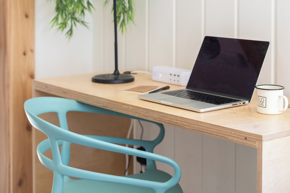 Ein Arbeitsplatz mit Laptop, Tasse, Schreibtischlampe, einer hängenden Pflanze und einem gerahmten Bild.