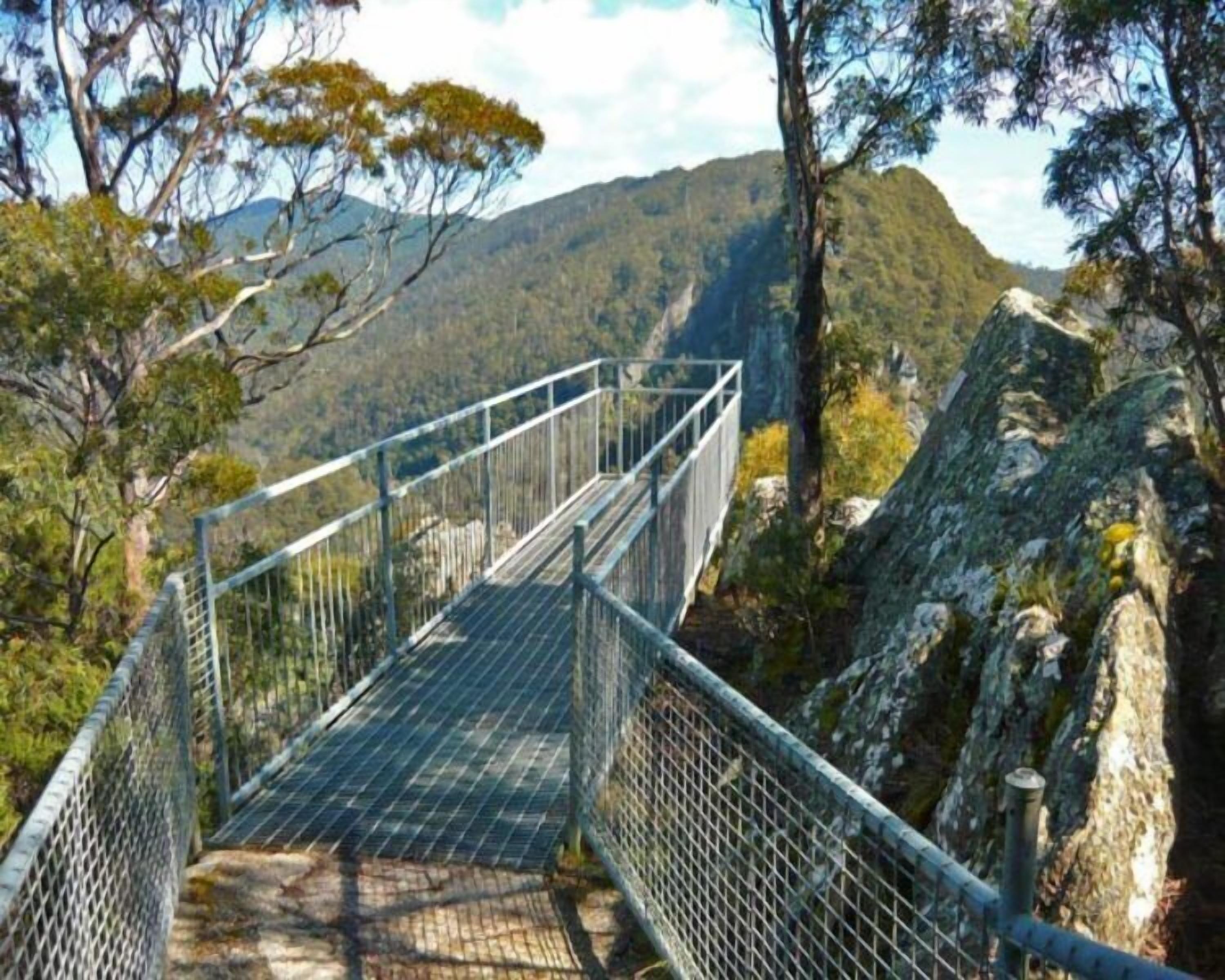 A metal bridge with railings, surrounded by trees and rocky terrain.