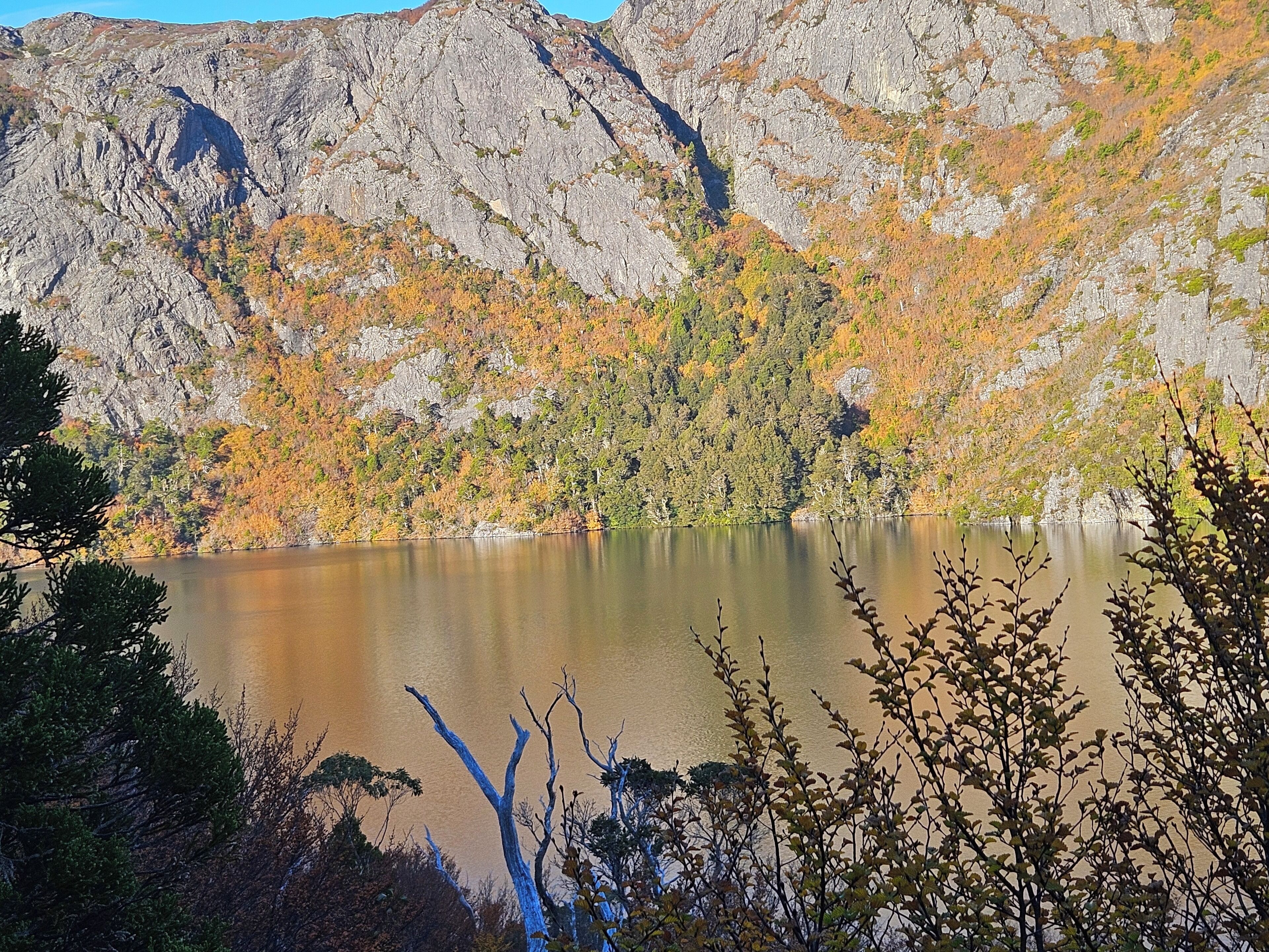 A mountainous landscape with a lake, surrounded by autumn-colored trees.