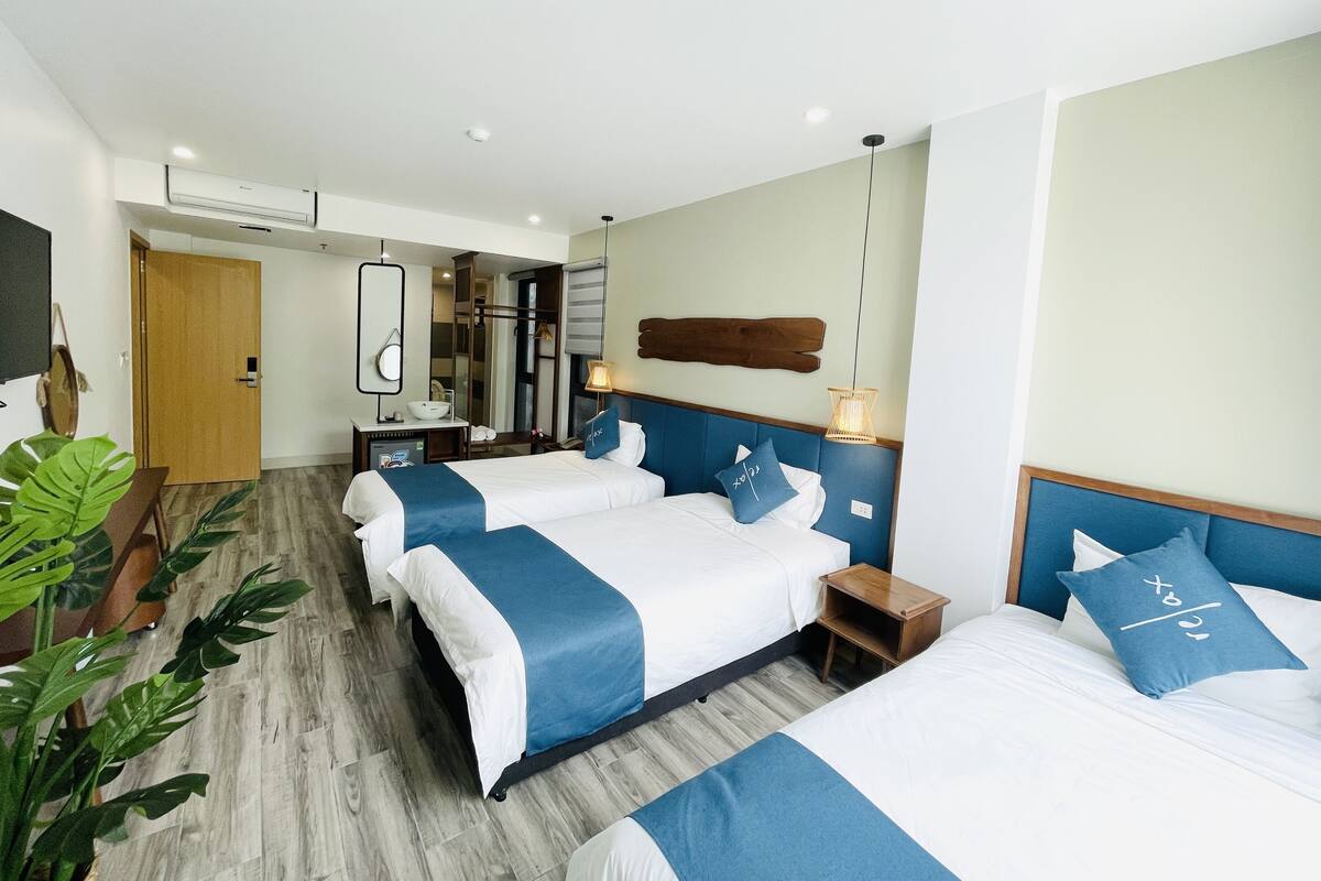 Una habitación de hotel moderna con dos camas, un cabecero de madera, una mesita de noche, un espejo y una planta.