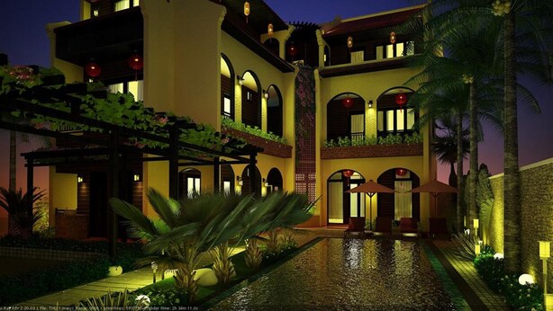 A multi-story hotel with a pool, outdoor seating, and palm trees. - Little Town Villa (Da Nang)
