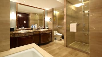 Separate bathtub and shower, free toiletries, hair dryer, bathrobes
