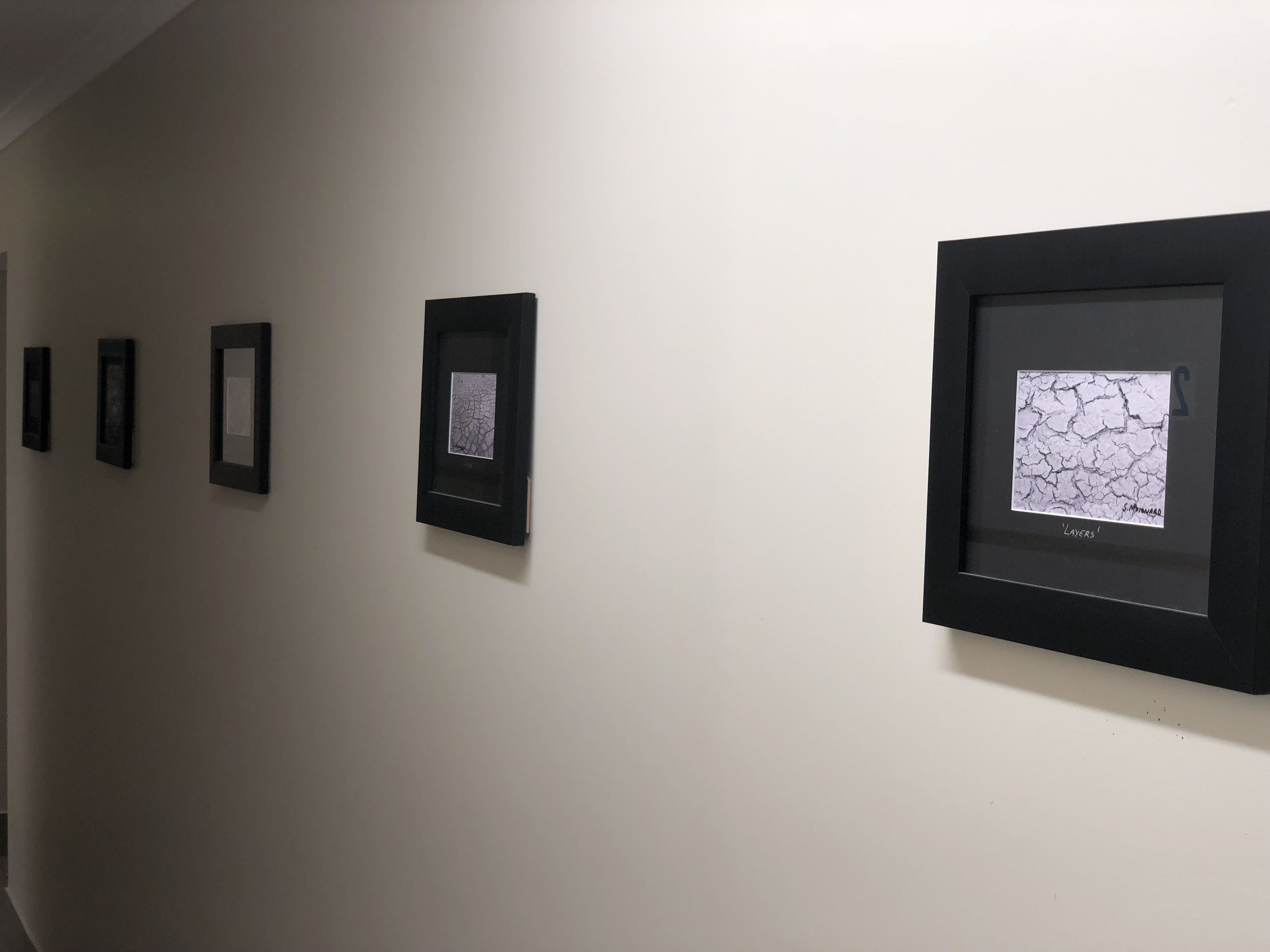 Una pared galería con obras de arte enmarcadas.