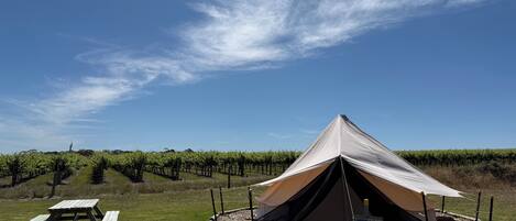 A tent set up in a grassy field with a picnic table nearby.