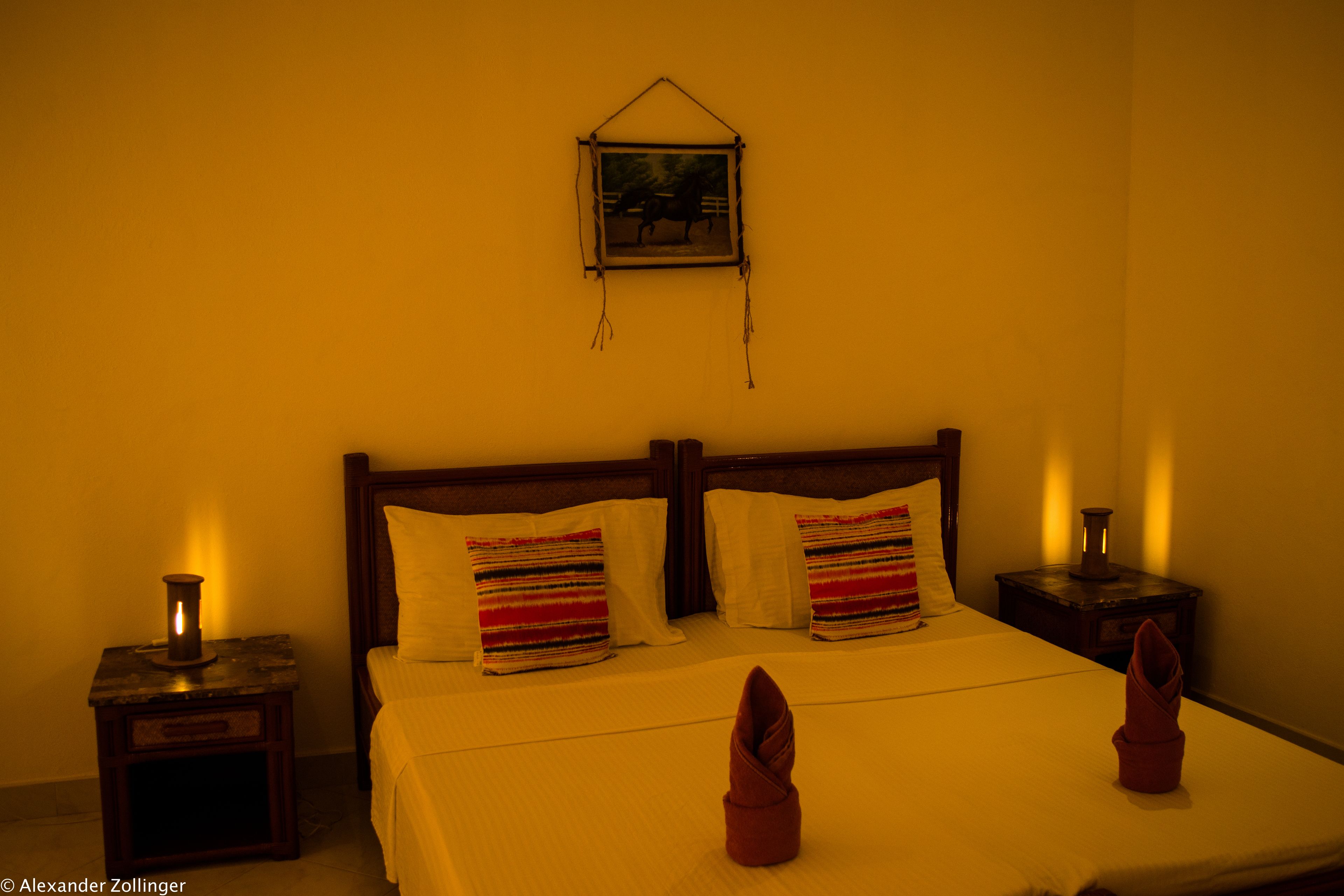 A hotel room with a bed, two bedside tables, a nightstand, a wall-mounted picture, and a small lamp on each table.