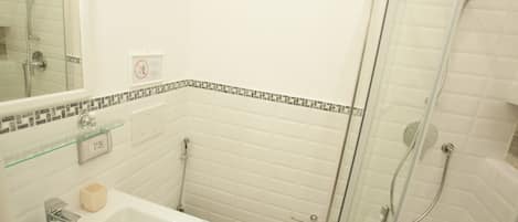 A compact bathroom with a glass shower enclosure, a white sink with a soap dispenser, and a toilet.
