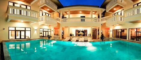 Outdoor pool, sun loungers