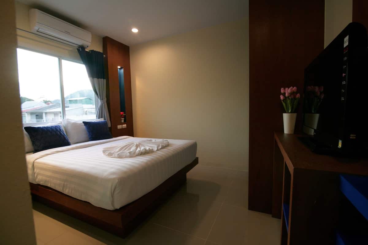 A hotel room with a bed, a TV, a window with curtains, and a potted plant.