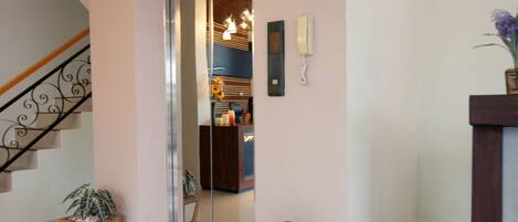 A modern interior with a staircase, a glass elevator door, and two potted plants.