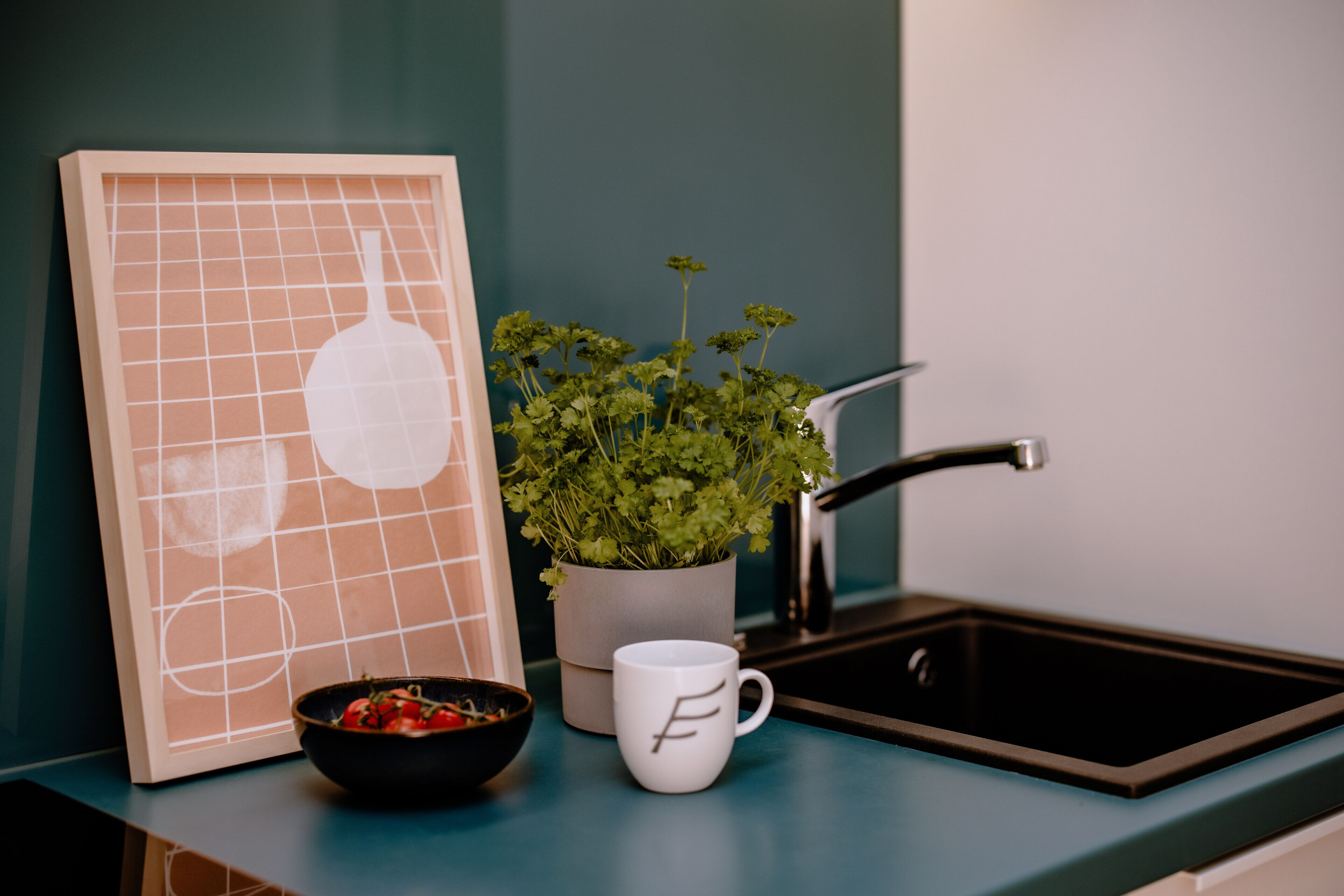 Eine Küchenarbeitsplatte mit einem gerahmten Bild, einer Topfpflanze, einer Tomatenschüssel, einer weißen Tasse und einem Spülbecken.