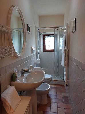 Panorama maisonnette, 2 slaapkamers, terras | Badkamer | Een douche, een haardroger, een bidet, handdoeken