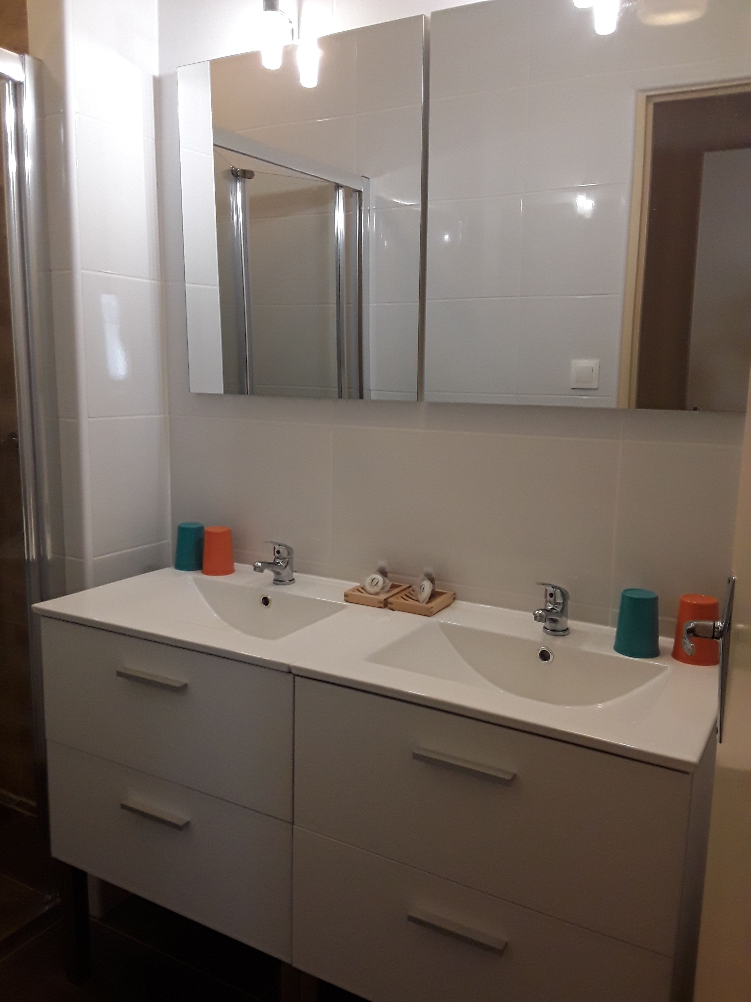 A bathroom with two sinks, a mirror, and a shower.