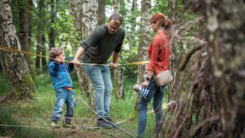A forest setting with a rope bridge.