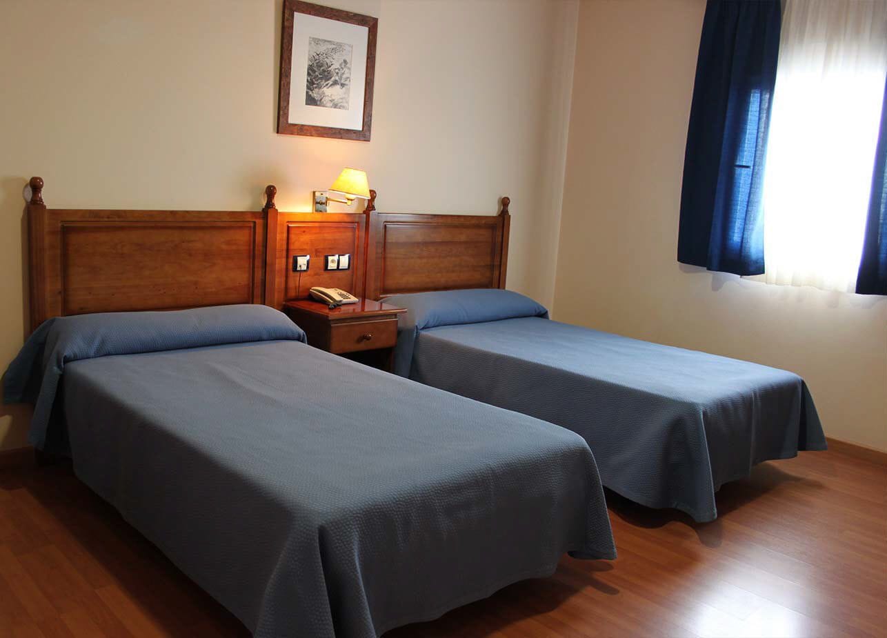 Una habitación con dos camas individuales, una mesita de noche con una lámpara y un cuadro enmarcado en la pared.