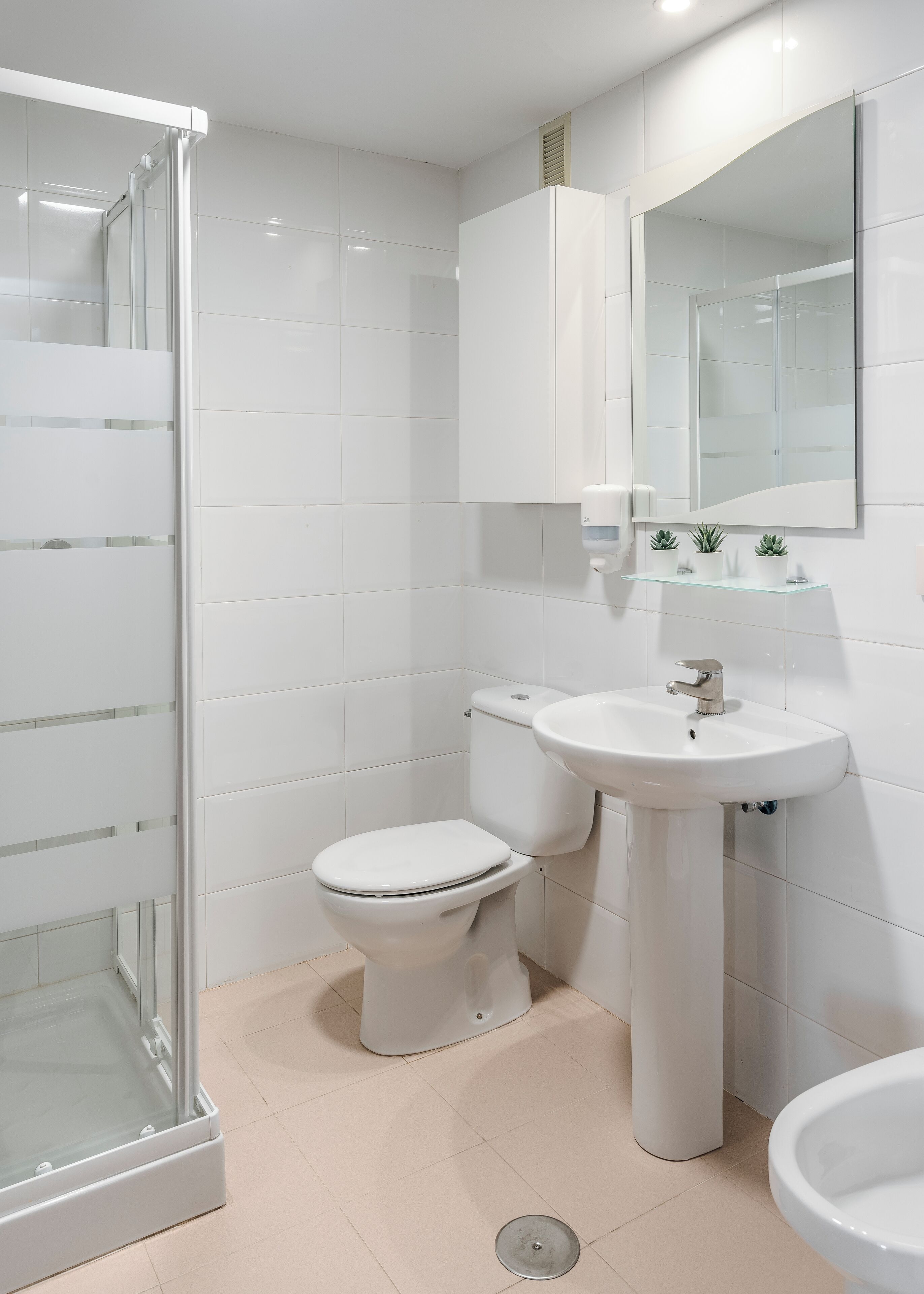 A modern bathroom with a glass shower enclosure, a toilet, a sink, and a mirror.