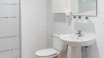 A modern bathroom with a glass shower enclosure, a toilet, a sink, and a mirror.